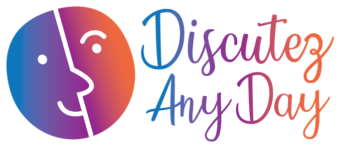Discutez Any Day logo of multi-color face and script type